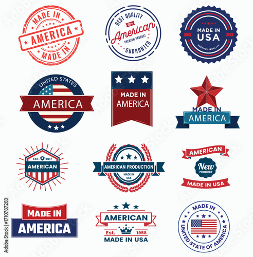 Certified Made in America Packaging Icons,USA Heritage Label Collection, American Export & Import Seal Designs, Modern USA Branding Label Templates