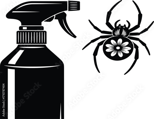Black and white vector illustration of spray bottle with stylized spider, pest control concept, insect repellent design for cleaning and safety