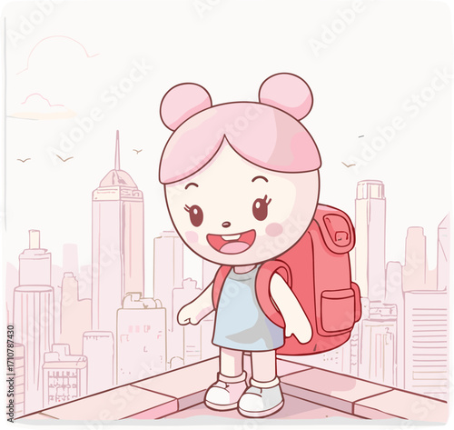Cute cartoon girl with backpack standing on rooftop, city skyline background, school student character, urban life illustration, childhood adventure