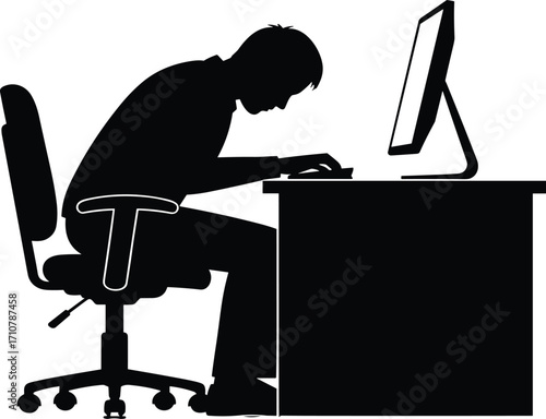 Black and white vector illustration of office worker sitting at desk with poor posture using computer, highlighting workplace ergonomics and health risks