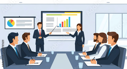 Business professionals in a meeting presenting data on a screen.