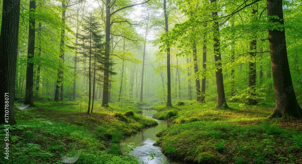 Obraz premium A Lush Green Forest Stream Flowing Through Sunlit Trees in the Morning Mist
