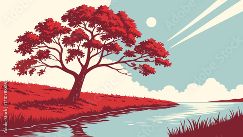 Red tree landscape illustration art print, river scene, nature artwork, scenic vista, calm river view