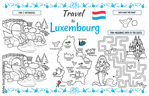 A fun placemat for kids. Printable Travel to Luxembourg activity sheet with a labyrinth and find the differences. 17x11 inch printable vector file