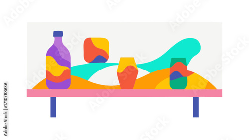 Abstract still life painting of colorful vases and bottle on shelf modern art home decor illustration
