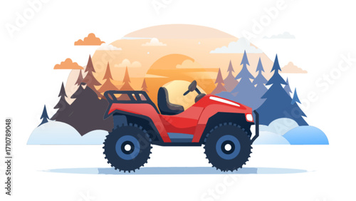 Explore winter wonderland with a red atv four wheeler adventure vehicle in snowy forest landscape scene