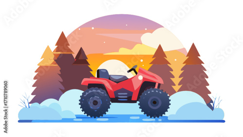 Red atv quad bike riding in winter snow forest landscape vector illustration for adventure design