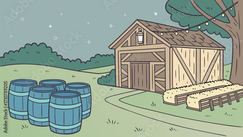 Rustic barnyard scene with barrels, hay bales, and string lights for country event backdrop design