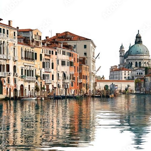 Venetian Grand Canal Reflections: A serene vista of the Grand Canal in Venice, showcasing a row of colorful buildings and their mirrored reflections dancing upon the water's surface.