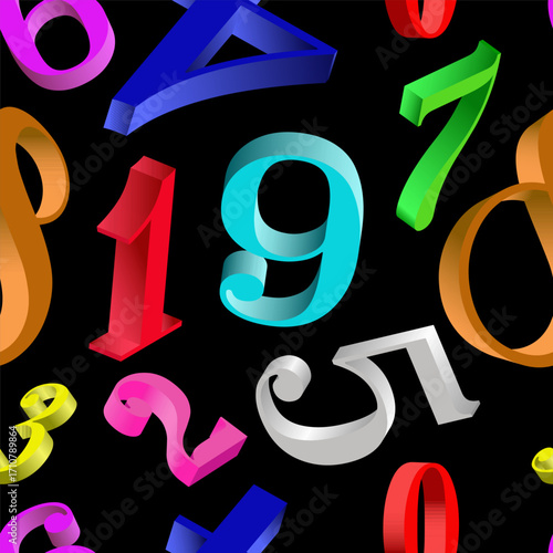 Seamless texture with 3D numbers.3D print with multicolored numbers.Vector illustration.