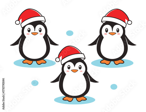 Cartoon Penguins Wearing Santa Hats on Ice Patches ready for Christmas