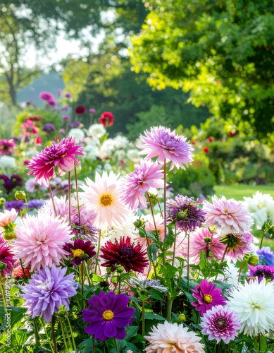 Colorful dahlia garden in sunlight