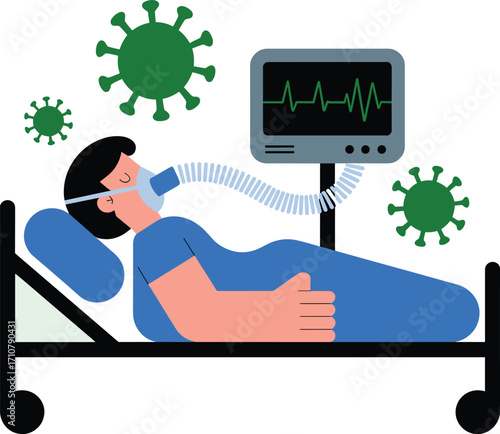 Patient on ventilator surrounded by coronavirus particles during medical emergency hospitalization