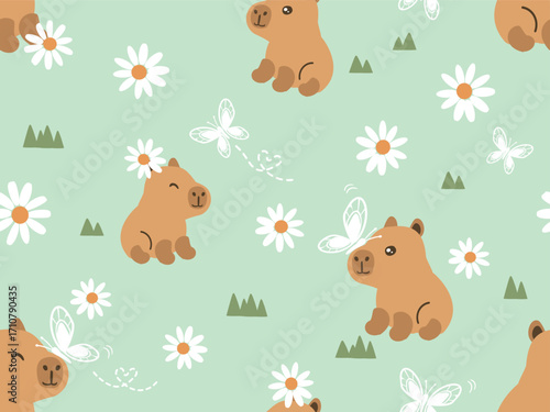 Seamless pattern with capibara cartoons, daisy chamomile flower and butterflies on green grass background vector.
