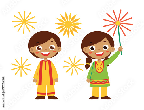 Diwali Celebration with happy kids in traditional clothing holding sparklers illustration