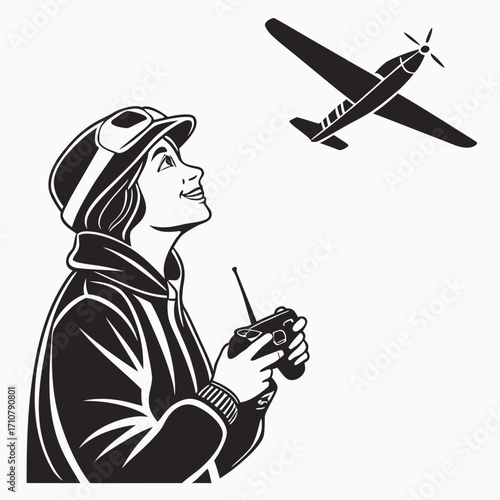 vector illustration of  young man with flying a remote-controlled airplane