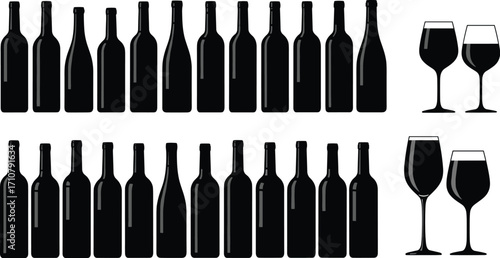 Black silhouette wine bottles and glasses set for red and white wine, alcohol beverage packaging, bar design, vector illustration isolated