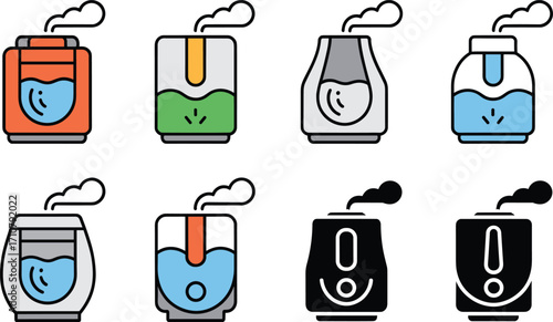 Eight modern air humidifier icons set clean device symbol fresh air moisture technology
