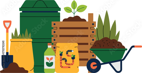 Flat design gardening supplies compost bin fertilizer wheelbarrow soil seeds plants for organic farming