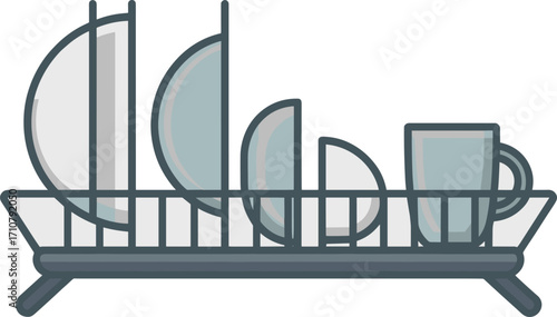 Modern flat design dish rack with plates and mug drying kitchenware home scene