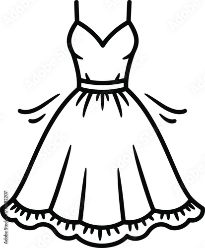 Elegant black and white line art dress with sweetheart neckline, thin straps, flared ruffle hem skirt, classic fashion vector illustration