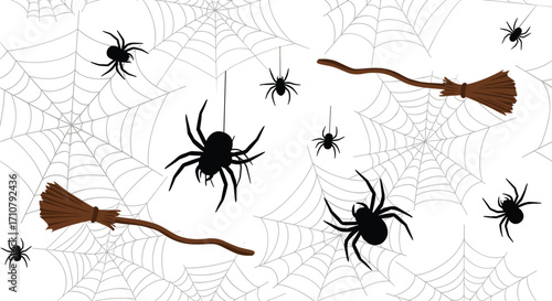 Halloween seamless pattern with black spiders, spider webs, and brown witch brooms in spooky vector design for festive decoration and backgrounds