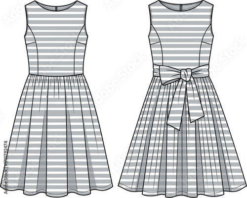 Elegant sleeveless striped dress fashion illustration front and back view with waist bow, knee length, garment design, vector template art