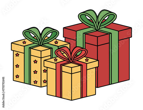 Three vibrant gift boxes for holiday season presents and celebration