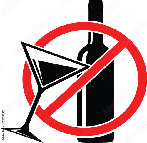 Red prohibition sign with wine bottle and martini glass silhouette indicating no alcohol allowed for bar, restaurant, event, or public place