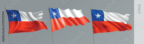 Set of Chile waving flag on isolated background vector illustration. 3 red blue white Chilean wavy realistic flag as a patriotic symbol