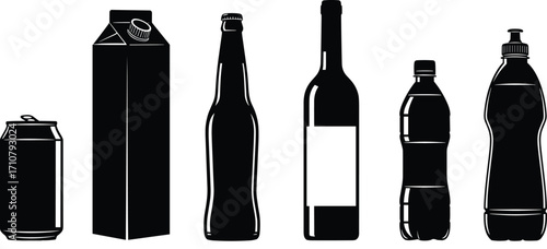 Set of beverage container silhouettes including cans, cartons, glass bottles, wine bottles, and plastic bottles for packaging, branding, and recycling concepts
