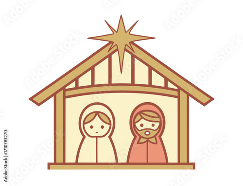 Nativity scene illustration of Mary Joseph and the star of Bethlehem