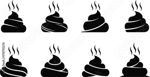 Set of eight steaming poop silhouette icons in black vector style, humor concept, swirl design, and funny emoji graphic collection