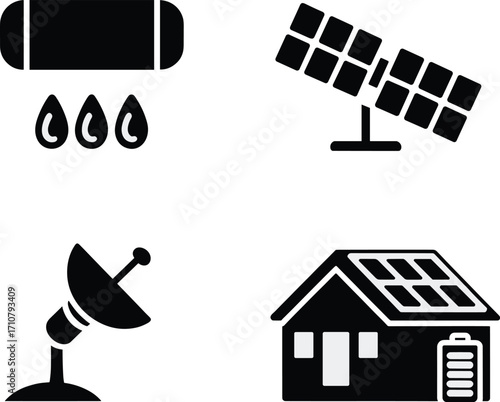 Four silhouette icons renewable energy solar power satellite home and water heater