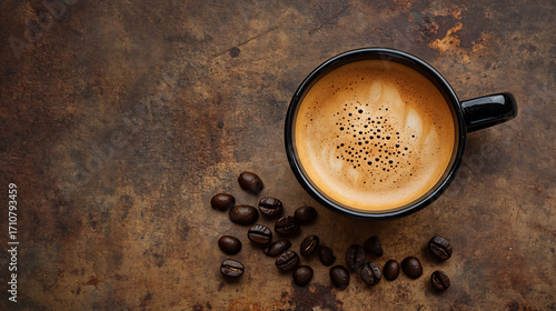 Top view of black coffee cup with foam coffee beans scattered on rustic surface, creating warm and inviting atmosphere perfect for morning boost or coffee break