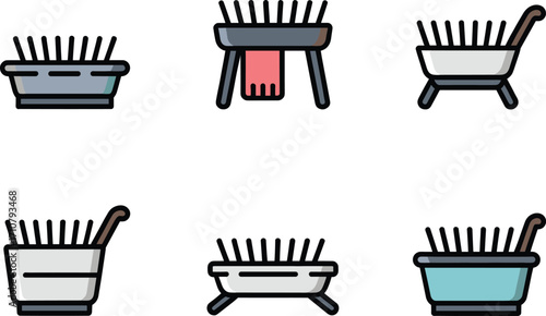 Set of 6 flat design icons depicting different bathtubs and brushes for cleaning and hygiene