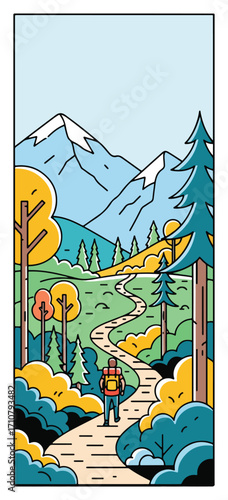 A modern, minimal illustration of a person hiking on a winding mountain path. This clean, graphic piece represents adventure, travel, and the beauty of nature.