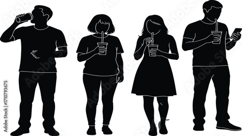 Silhouettes of people drinking beverages and using smartphones, casual lifestyle scene showing diverse postures, social interaction, and modern urban habits illustration