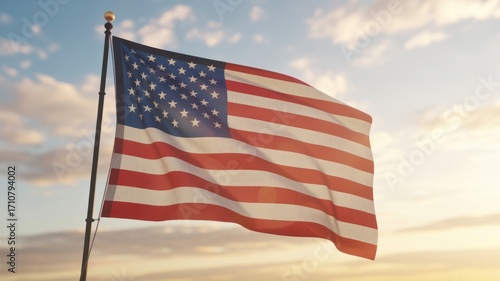 A close up shot of the american flag waving in the wind against a cloudy sky at sunset