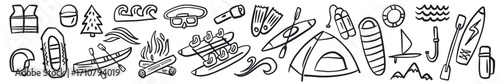 A collection of hand-drawn rafting and camping gear in doodle style