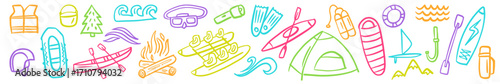 A collection of hand-drawn rafting and camping gear in doodle style