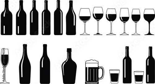 Silhouettes of various bottles and glasses collection, wine, cocktails, tumblers, barware, drinkware set for beverage industry and design