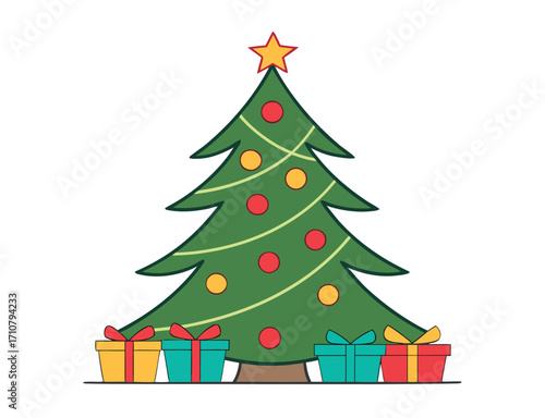 Festive Christmas Tree with Colorful Ornaments and Wrapped Presents Illustration
