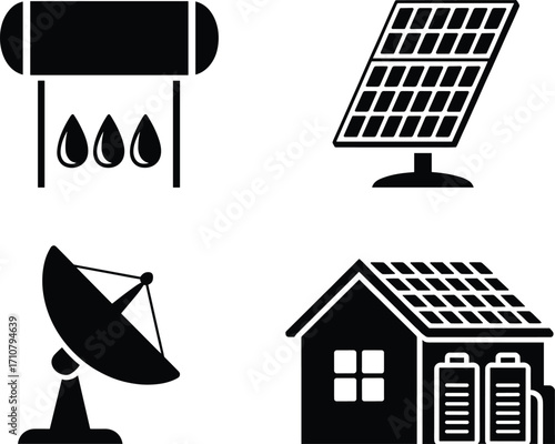 Set of four clean energy icons solar panel water heater satellite dish batteries