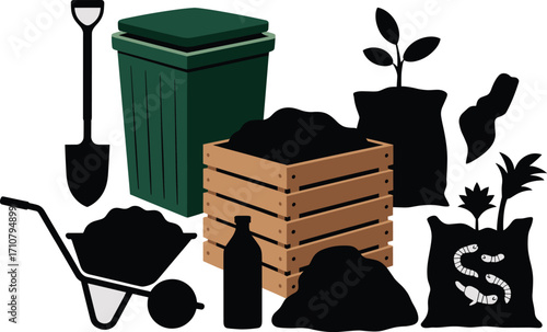 Gardening and composting supplies silhouette collection for eco-friendly living and agriculture
