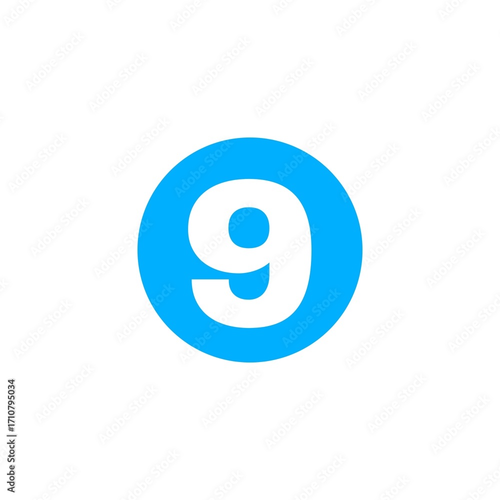 Fototapeta premium The image shows a bright blue circle with the number ,9 in bold white font centered inside it. The design is simple, minimal, and visually clear, often used for labels, numbering, or highlighting.