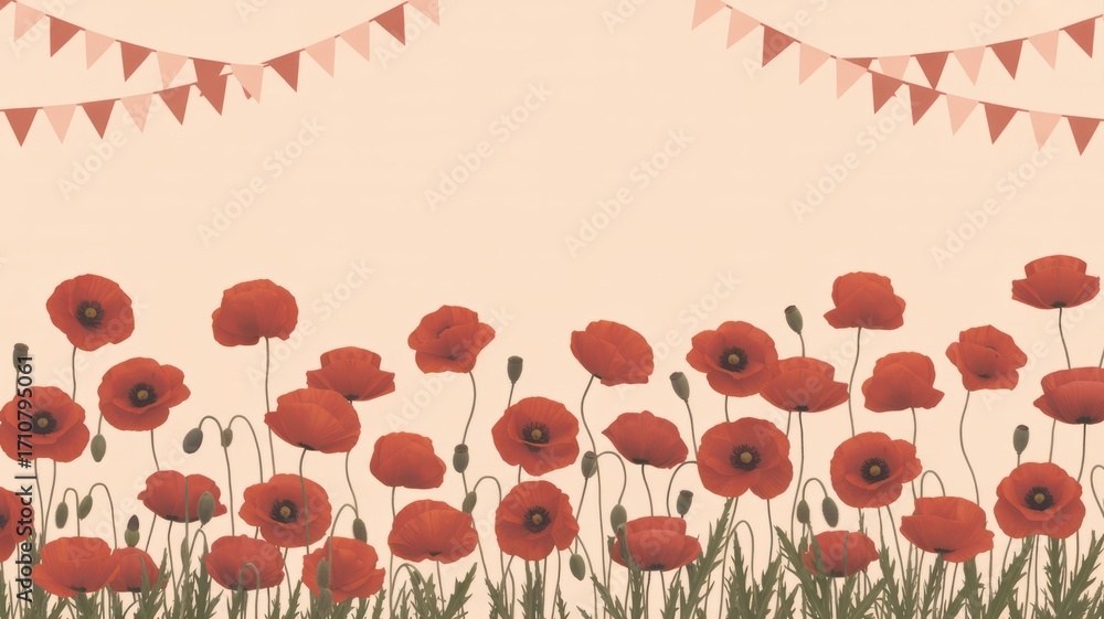 Obraz premium Red poppy flowers with green grass and triangle flags on a light beige background design