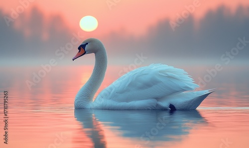 A serene swan glides across a calm lake at sunrise