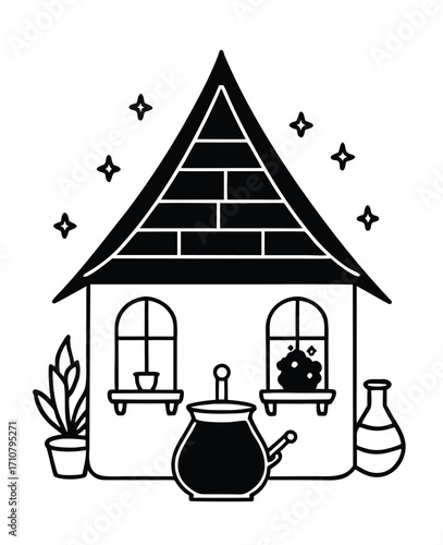 Magical house with cauldron and stars black and white line art illustration