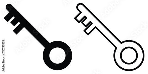 Black isolated vector key icon set on white background. Unlock keyword signs set on white page. Silhouette key icon set on isolated white page. EPS 10. 